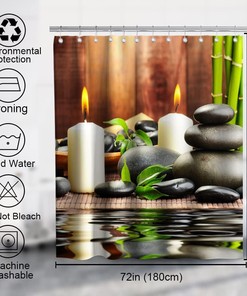 Zen Life Japanese Spa Garden Shower Curtain with White Candle and Black Pebblestone Design for Bathroom Decor