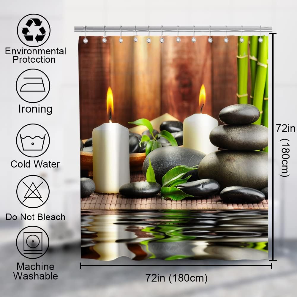 Zen Life Japanese Spa Garden Shower Curtain with White Candle and Black Pebblestone Design for Bathroom Decor