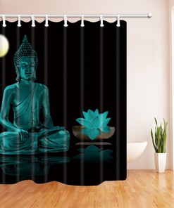 Zen Lotus and Moon Shower Curtain: White Fabric with Buddha Image for a Rejuvenating Bath Experience