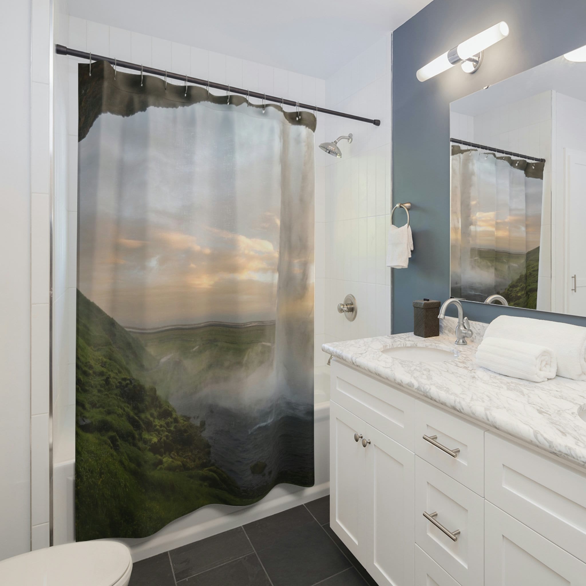 Zen Motif Waterfall Shower Curtain - Scenic & Peaceful Design inspired by Nature