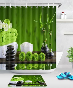 Zen Spa Stones Flower Bamboo Pine Cones Fabric Shower Curtain for Calming Bathroom Decor