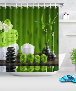 Zen Spa Stones Flower Bamboo Pine Cones Fabric Shower Curtain for Calming Bathroom Decor