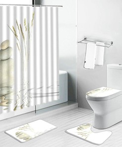 Zen Stone Green Bamboo Lotus Shower Curtain, Set with Print Design for Bathroom Decor