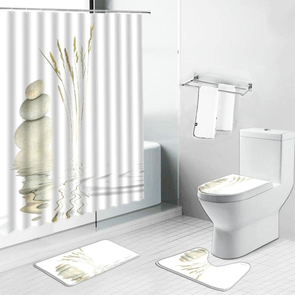 Zen Stone Green Bamboo Lotus Shower Curtain, Set with Print Design for Bathroom Decor