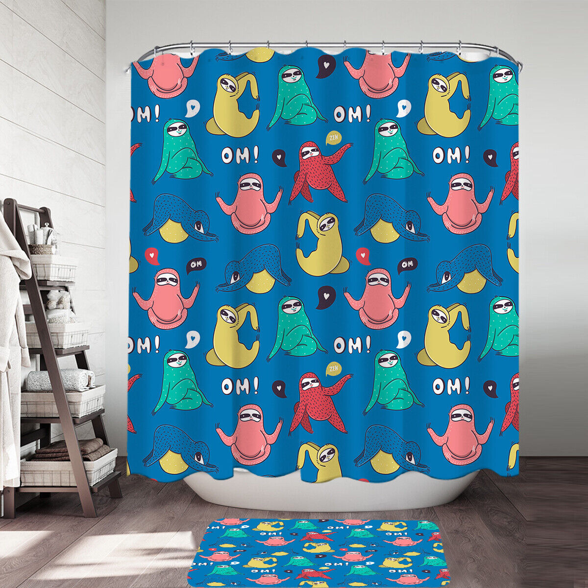 Zen and Relaxing Shower Curtain with Multi-Colored Funny and Cute Yoga Sloth Design