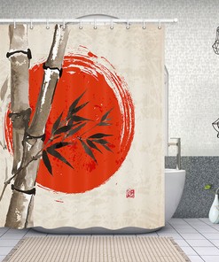 Zen-Themed Asian Fabric Shower Curtain With Bamboo Sun Print For Your Bathroom