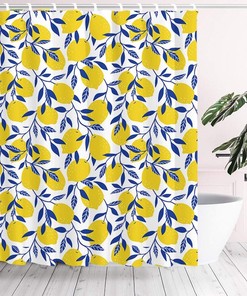 Zesty Yellow Lemon Shower Curtain with Navy Blue Leaves for Fresh Bathroom Decor