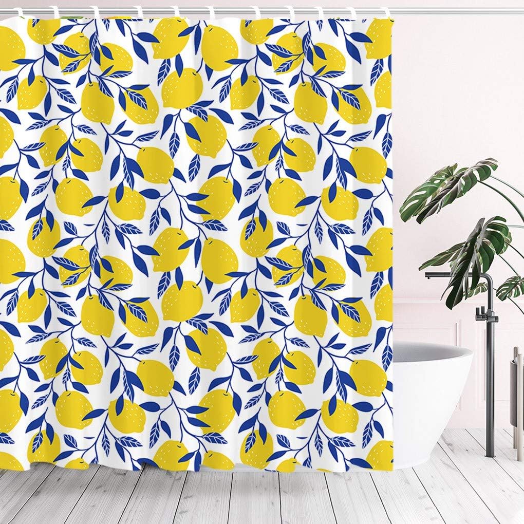 Zesty Yellow Lemon Shower Curtain with Navy Blue Leaves for Fresh Bathroom Decor