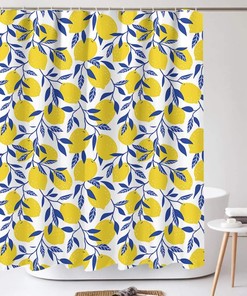 Zesty Yellow Lemon Shower Curtain with Navy Blue Leaves for Fresh Bathroom Decor