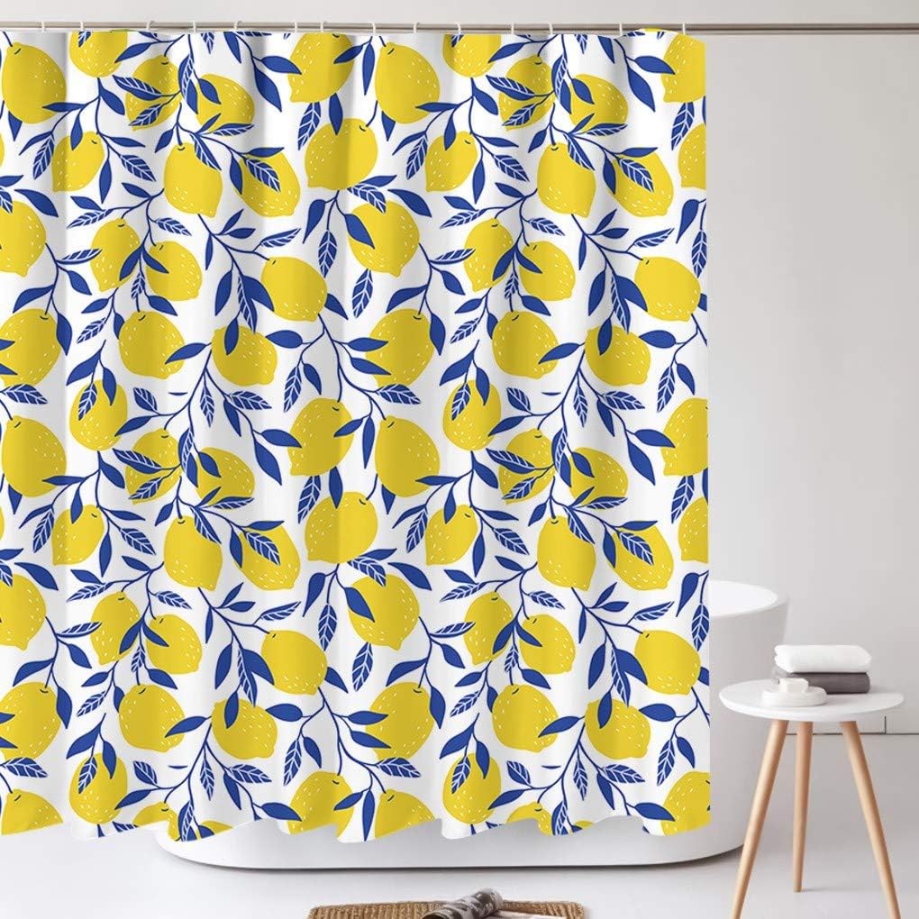 Zesty Yellow Lemon Shower Curtain with Navy Blue Leaves for Fresh Bathroom Decor