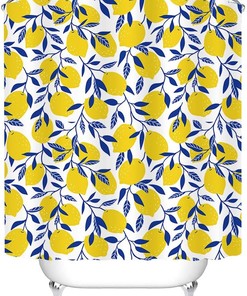 Zesty Yellow Lemon Shower Curtain with Navy Blue Leaves for Fresh Bathroom Decor