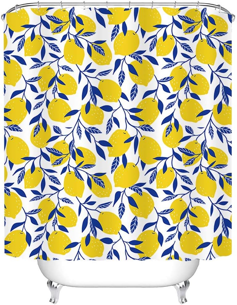 Zesty Yellow Lemon Shower Curtain with Navy Blue Leaves for Fresh Bathroom Decor