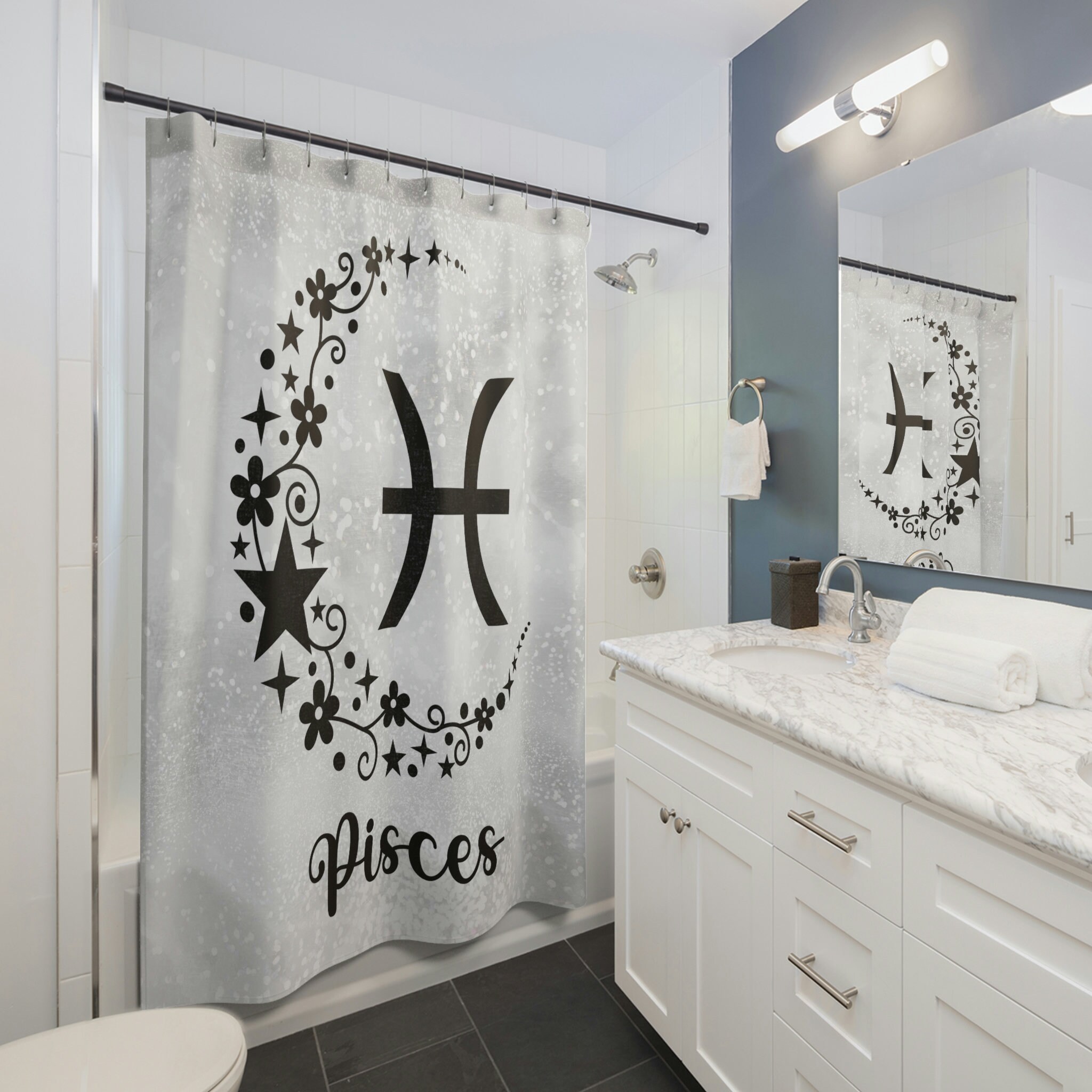 Zodiac Astrological Decor Shower Curtain with Pisces Sign Print for Bathroom
