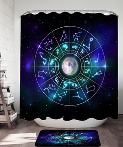 Zodiac Moon Over Space Shower Curtain with Celestial Design