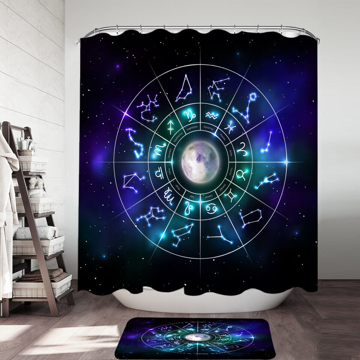 Zodiac Moon Over Space Shower Curtain with Celestial Design