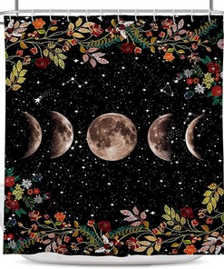 Zodiac Nacht Bloemen Badgordijnen - Waterproof Fabric Shower Curtain with Moon and Floral Designs - Housewarming Gift