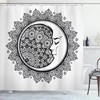 Zodiac Shower Curtain With Interlaced Round Mandala And Crescent Moon Graphic, Black White Cloth Fabric Bathroom Decor
