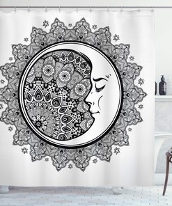 Zodiac Shower Curtain With Interlaced Round Mandala And Crescent Moon Graphic, Black White Cloth Fabric Bathroom Decor