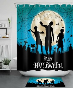 Zombie Spiderwebs And Moon Bats At Cemetery On Halloween Shower Curtain