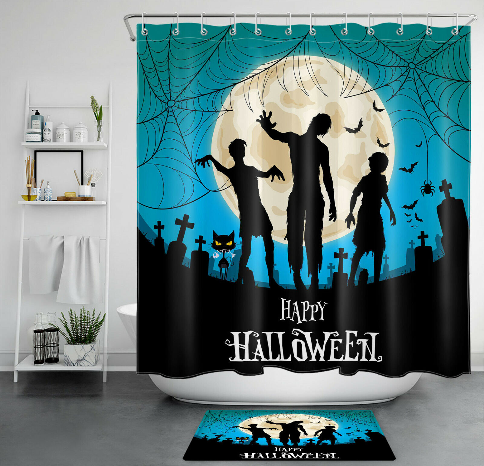 Zombie Spiderwebs And Moon Bats At Cemetery On Halloween Shower Curtain