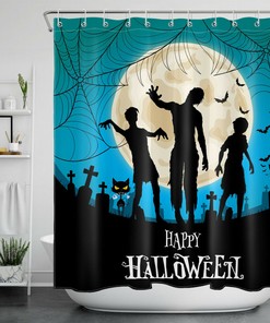 Zombie Spiderwebs And Moon Bats At Cemetery On Halloween Shower Curtain