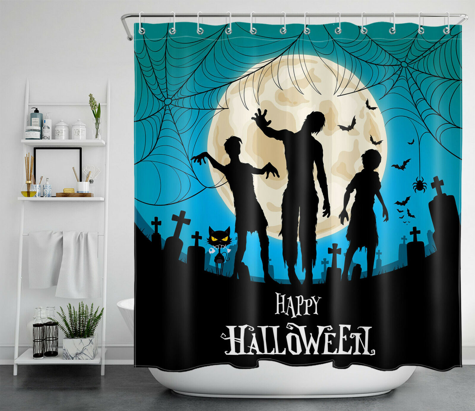 Zombie Spiderwebs And Moon Bats At Cemetery On Halloween Shower Curtain