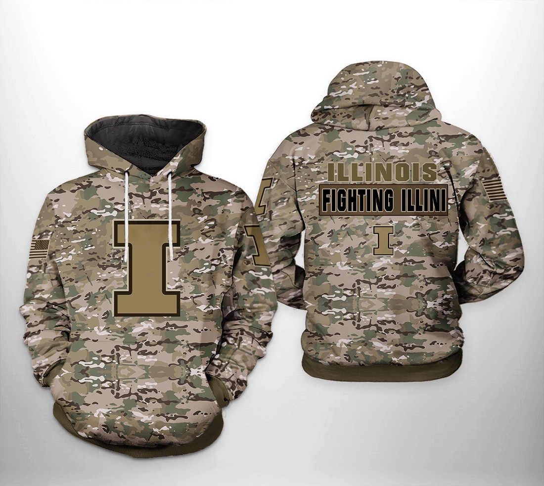 All Over Print Camo Veteran 3D Hoodie For Illinois Fighting Illini Fans