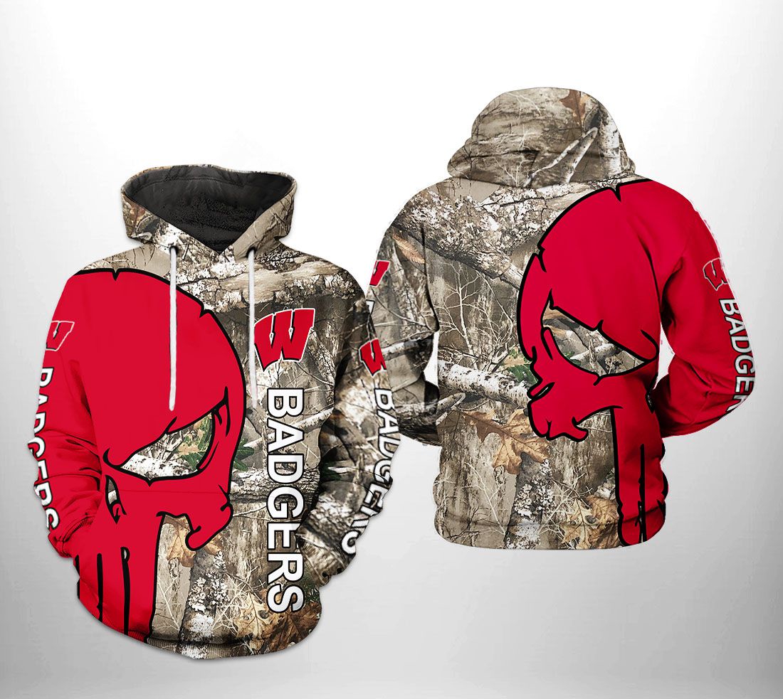 All Over Print Wisconsin Badgers Camo Veteran Hunting 3D Zip-Up Hoodie For Men And Women