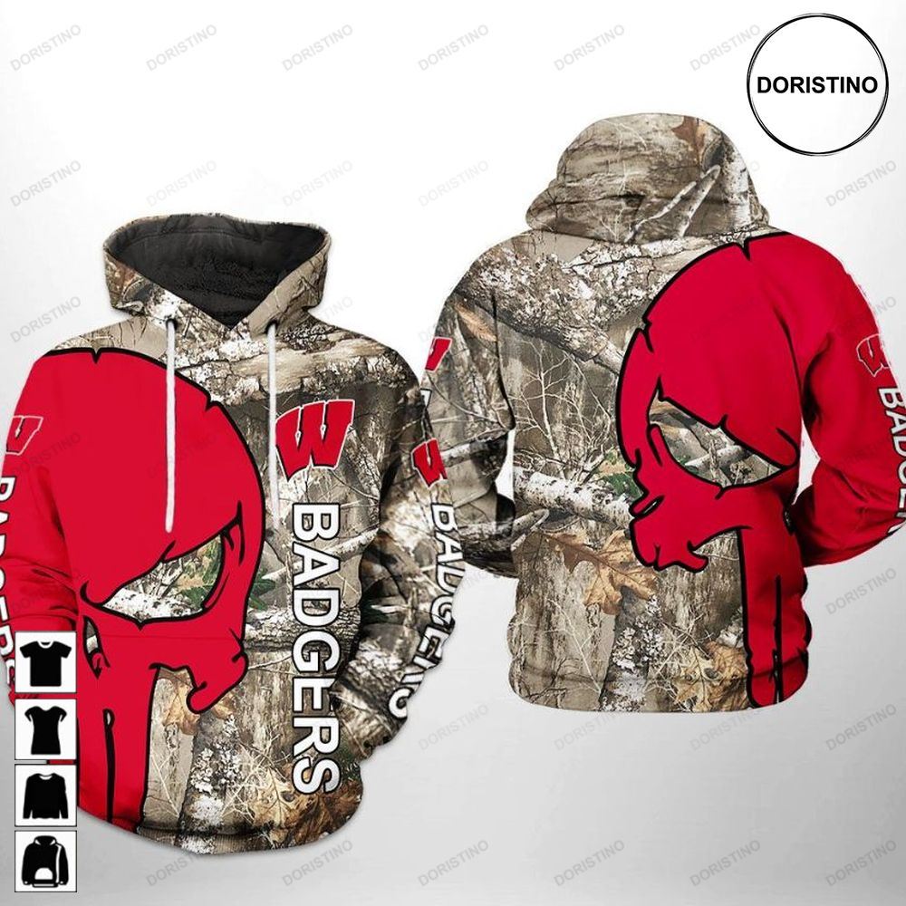 All Over Print Wisconsin Badgers Camo Veteran Hunting Awesome 3D Hoodie For Men