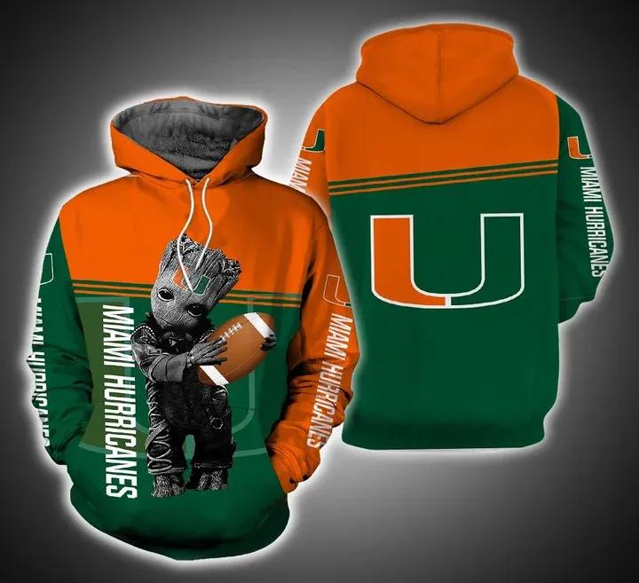 Baby Groot From Guardians Of The Galaxy Hugging Ncaa Miami Hurricanes All Over Print 3D Hoodie