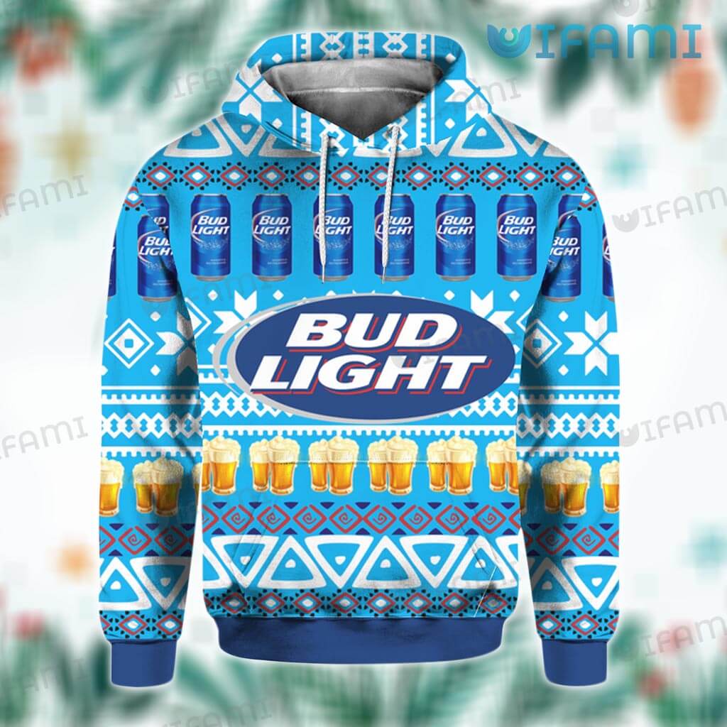 Bud Light Christmas Gift 3D Hoodie With Beer Glasses Snowflakes Pattern