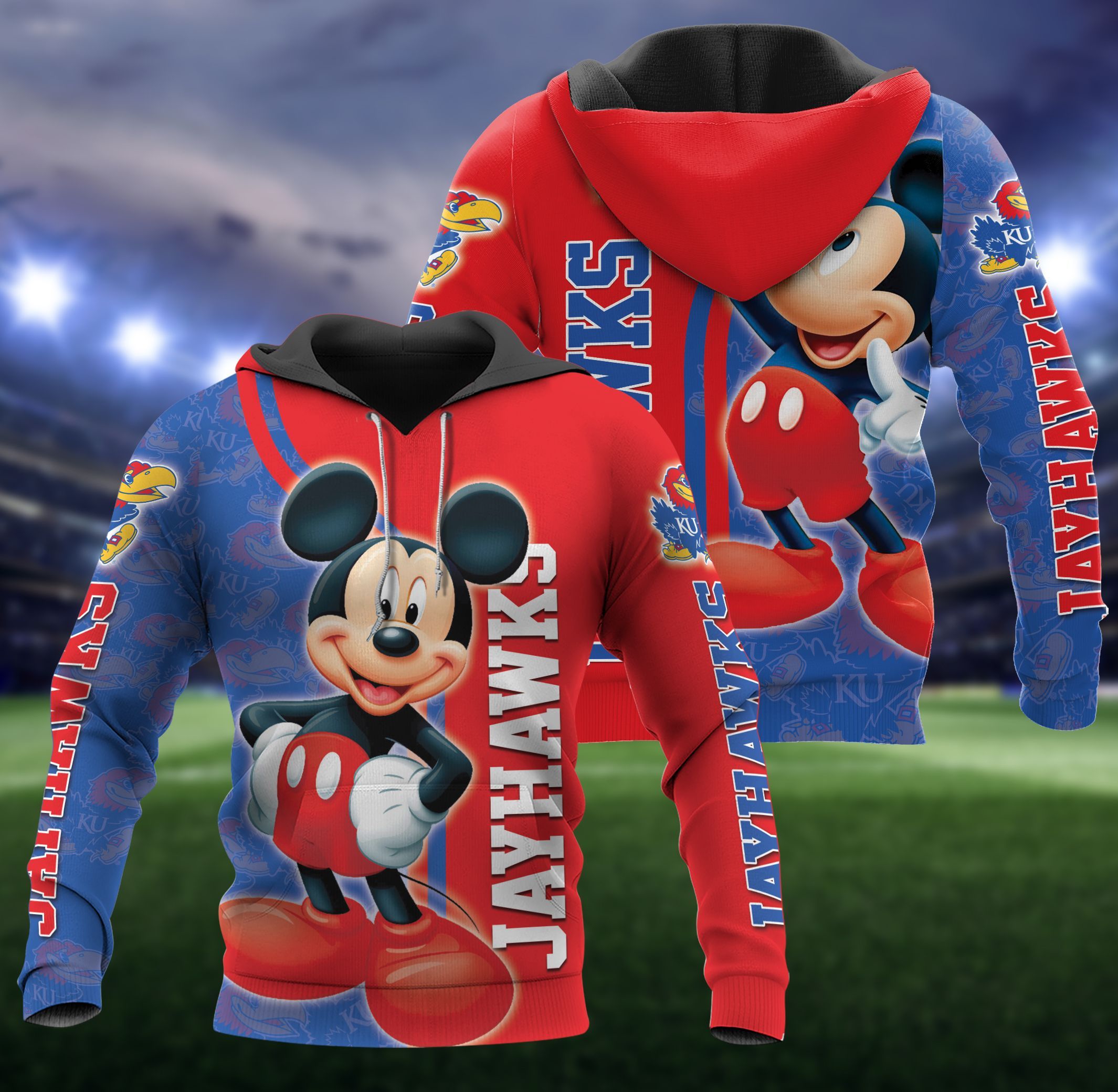 Cartoon Character Mickey Ncaa Kansas Jayhawks Custom All Over Print 3D Hoodie