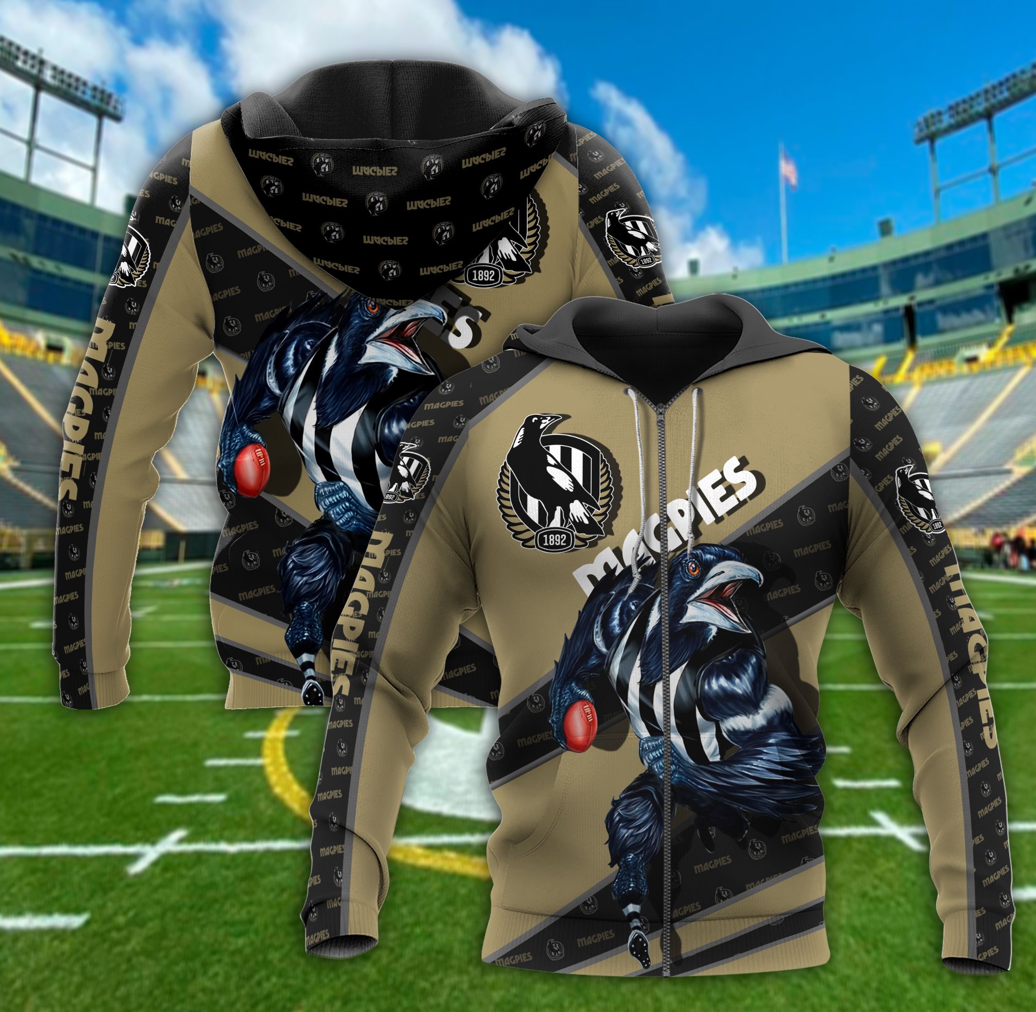 Collingwood Football Club All Over Print Hoodie Available In Zip Up Or Pullover