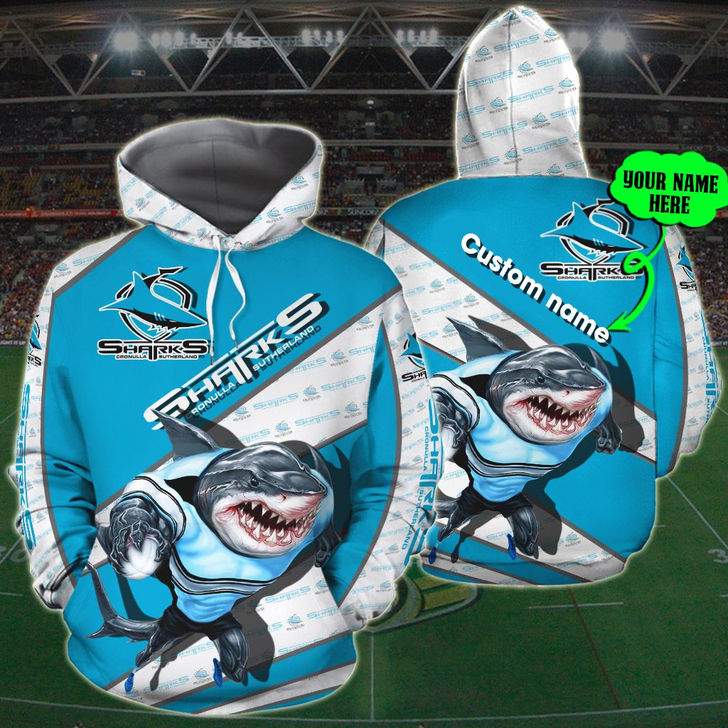 Cronulla Sutherland 3D Custom Name Hoodie - Personalized All Over Print Zip Up Hoodie Option