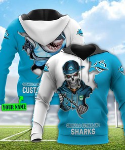 Cronulla Sutherland 3D Hoodie - Personalized Mascot Skull Custom Name All Over Printed Hoodie
