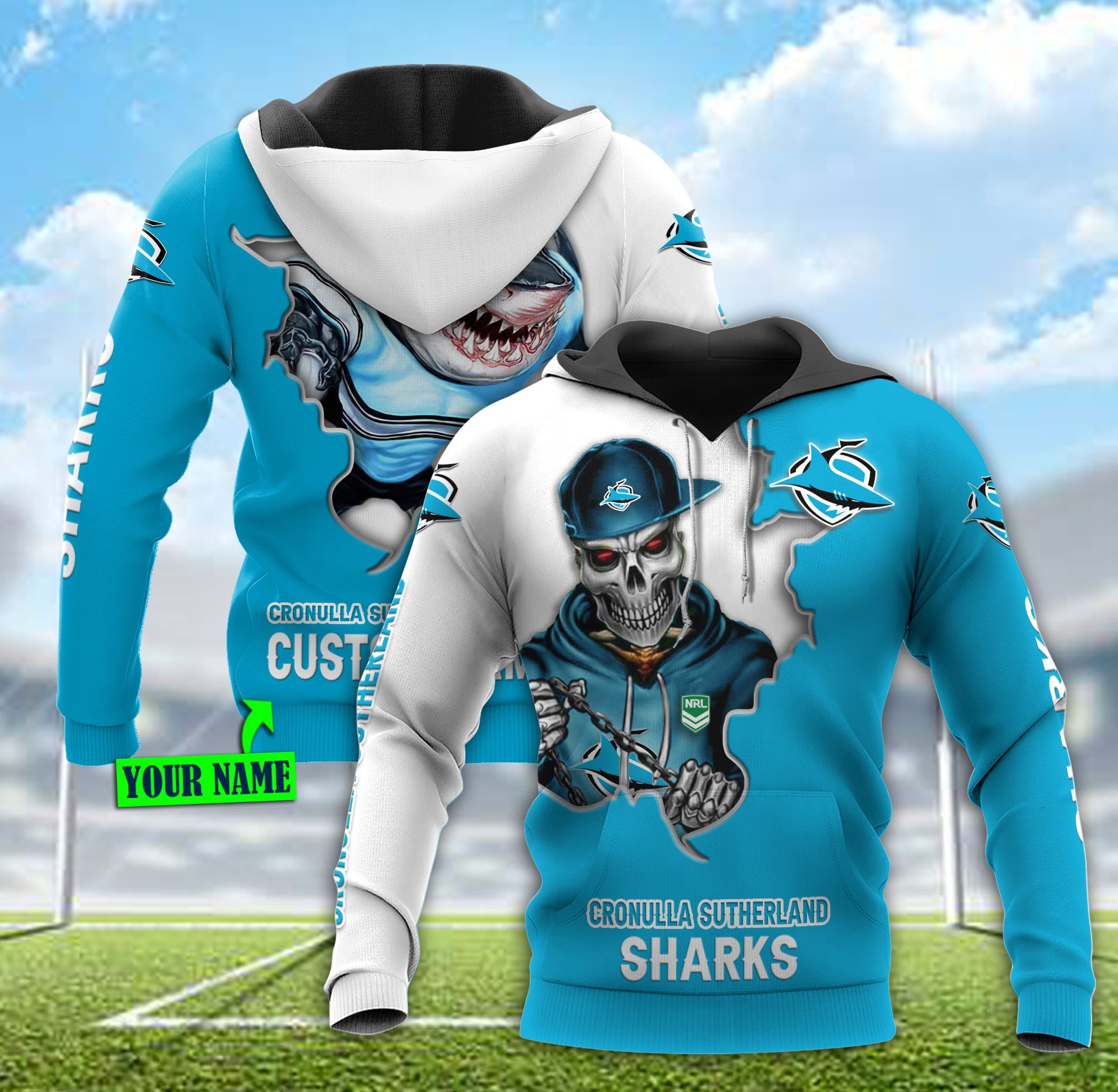 Cronulla Sutherland 3D Hoodie - Personalized Mascot Skull Custom Name All Over Printed Hoodie