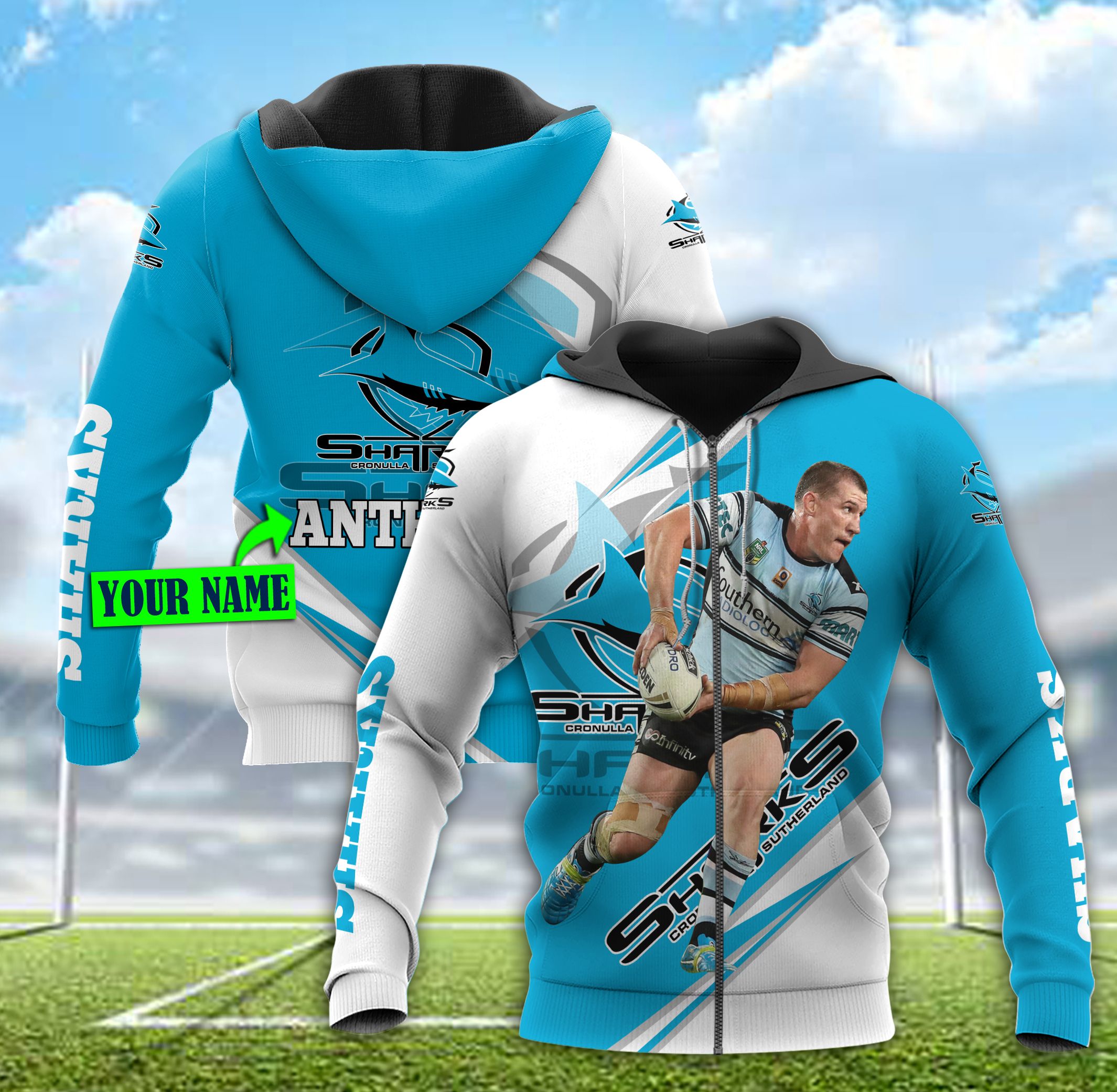 Cronulla Sutherland Football Player 3D All Over Print Zip Up Hoodie - Personalized Custom Name Hoodie