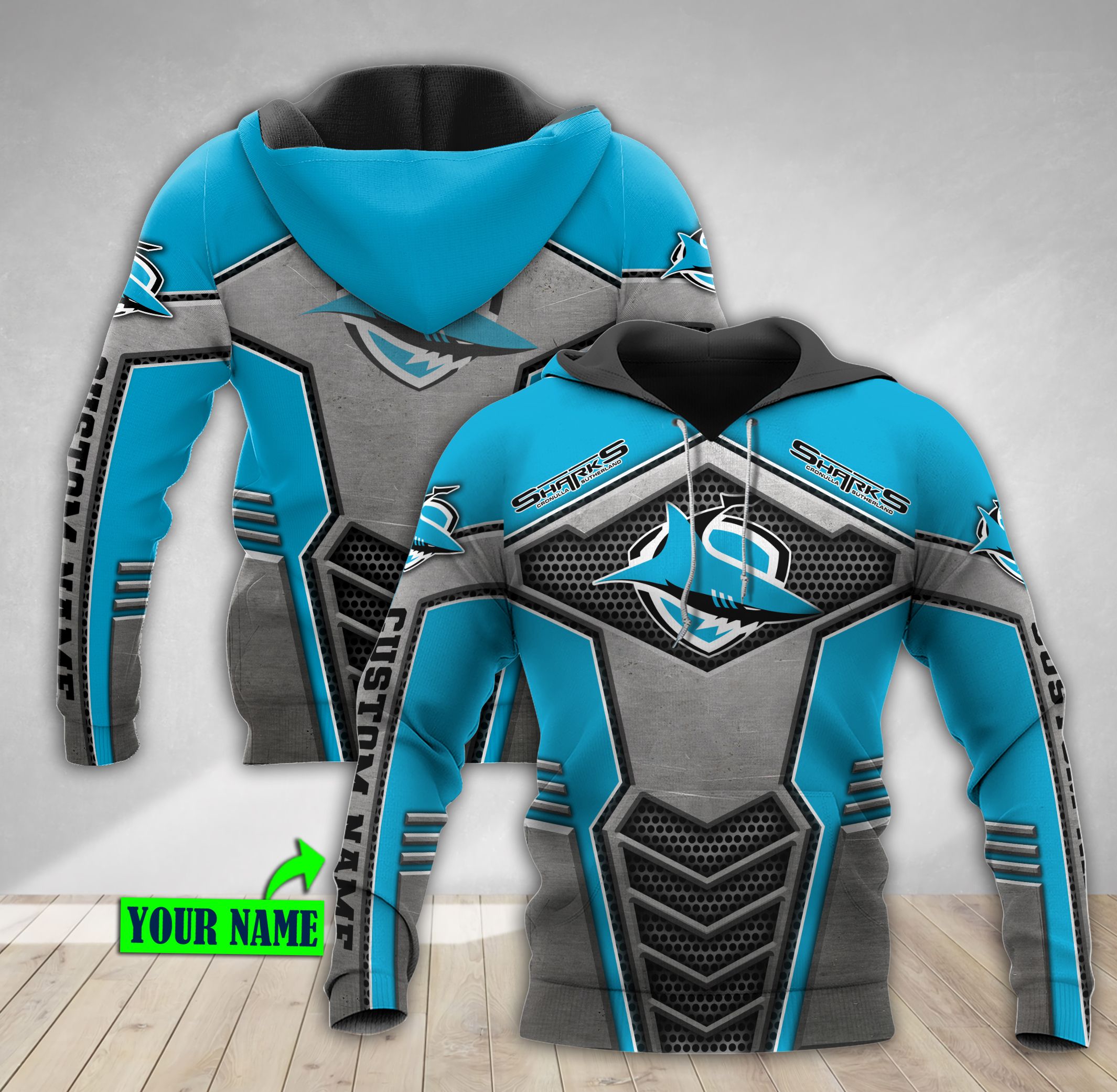 Cronulla Sutherland Metal 3D All Over Print Zip Up Hoodie - Personalized Custom Name Hoodie