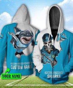 Cronulla Sutherland Sharks Nrl Mascot Skull Custom Name 3D All Over Printed Hoodie