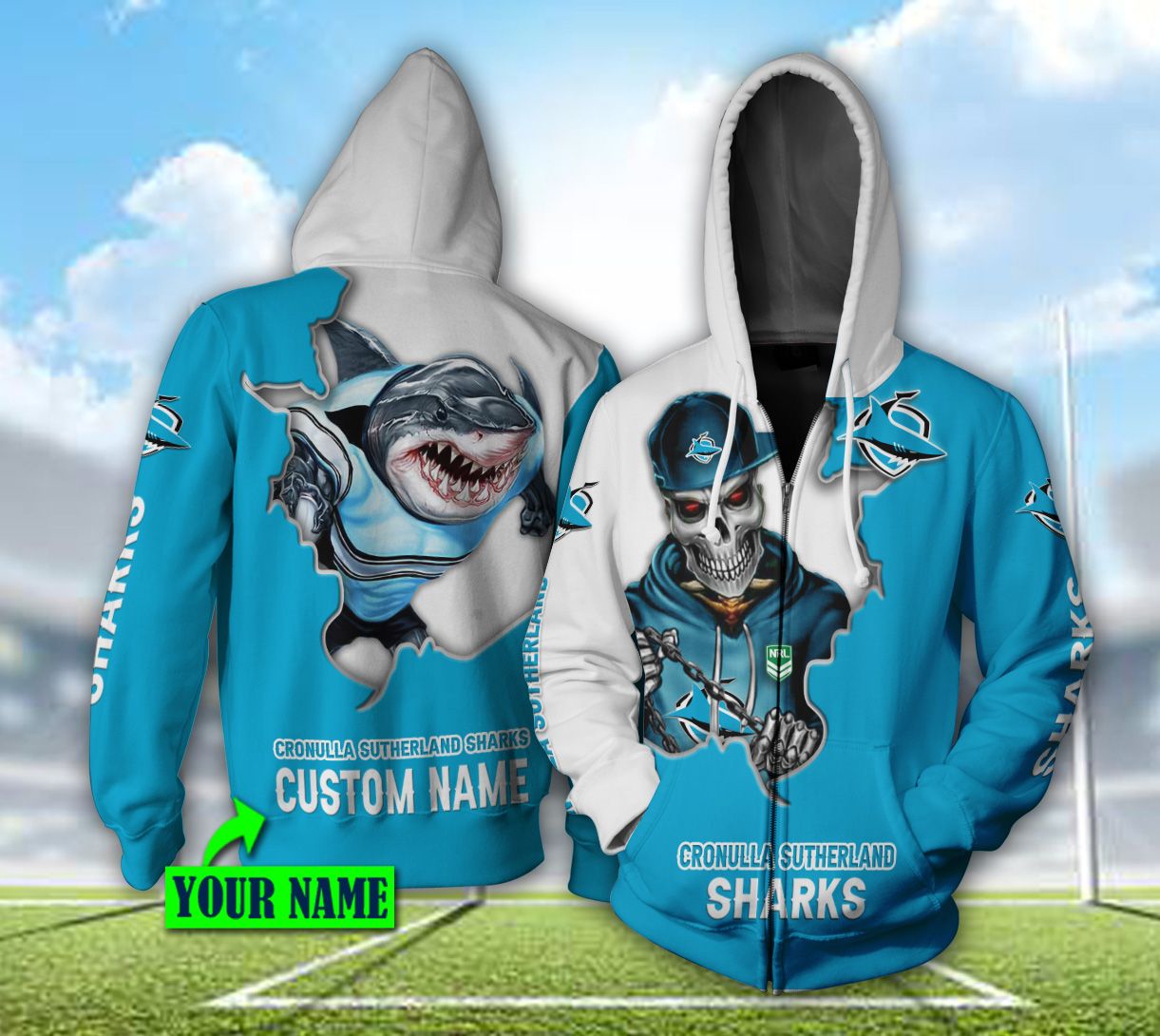 Cronulla Sutherland Sharks Nrl Mascot Skull Custom Name 3D All Over Printed Hoodie