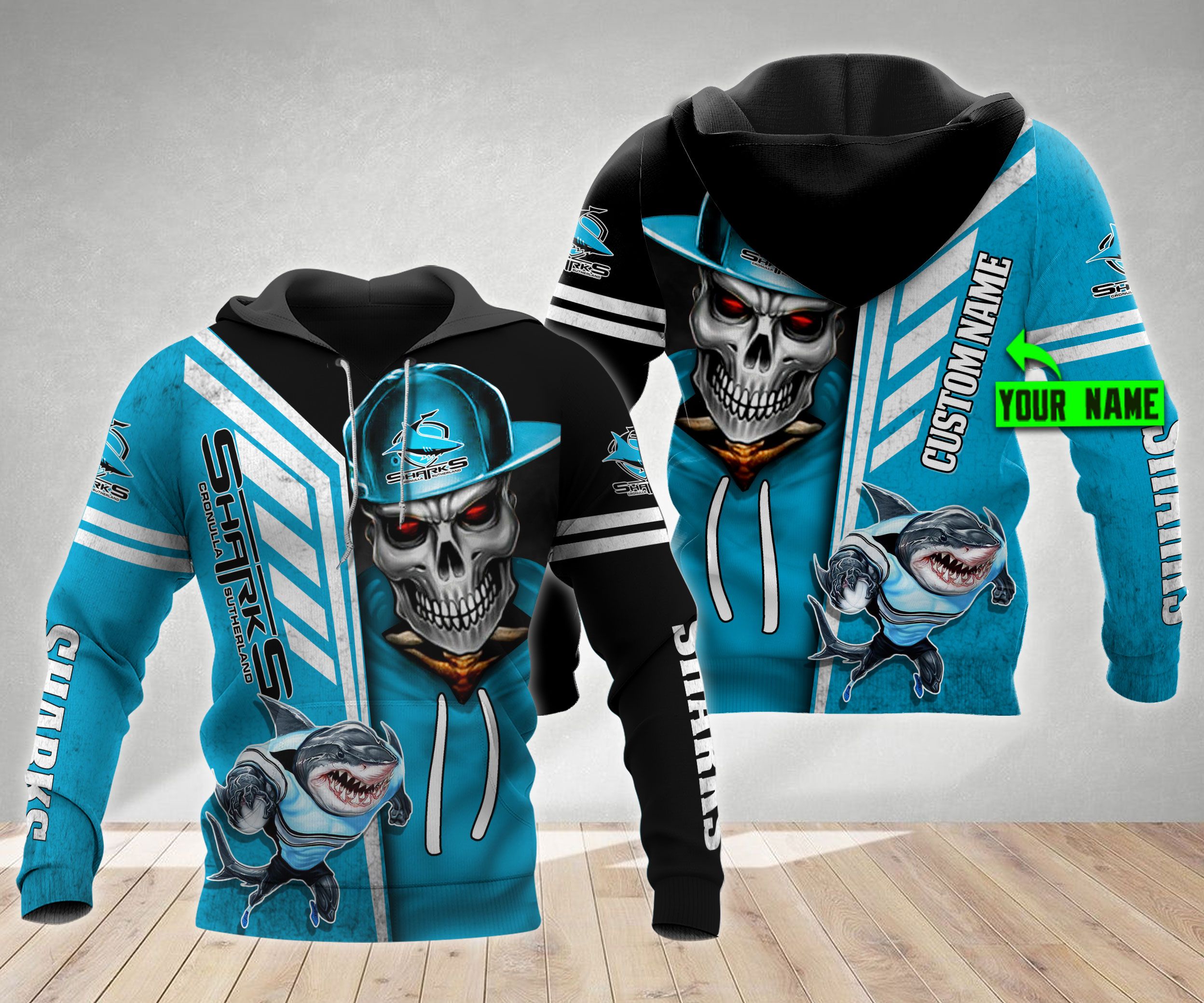 Cronulla Sutherland Skull Cap 3D All Over Print Zip Up Hoodie - Personalized Custom Name Hoodie