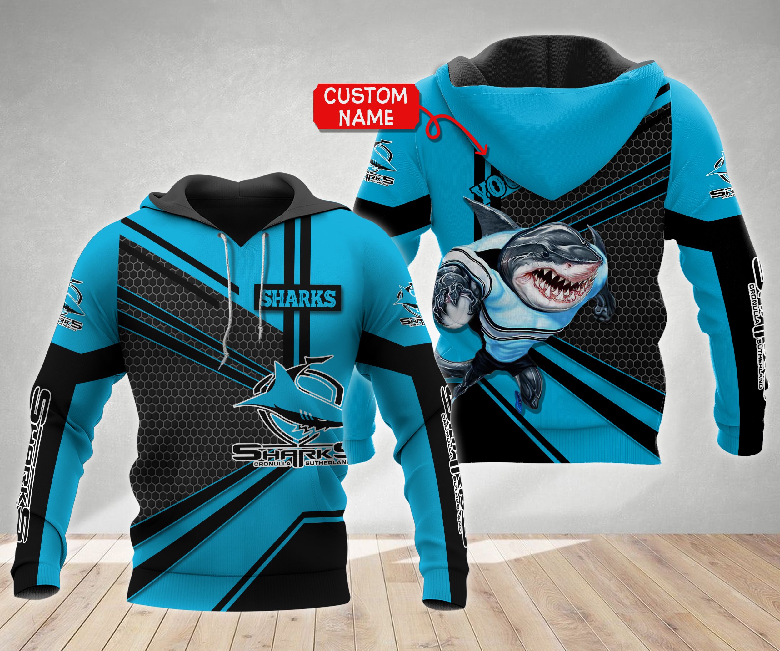 Cronulla Sutherland Vector Mascot 3D All Over Print Zip Up Hoodie - Personalized Custom Name Hoodie