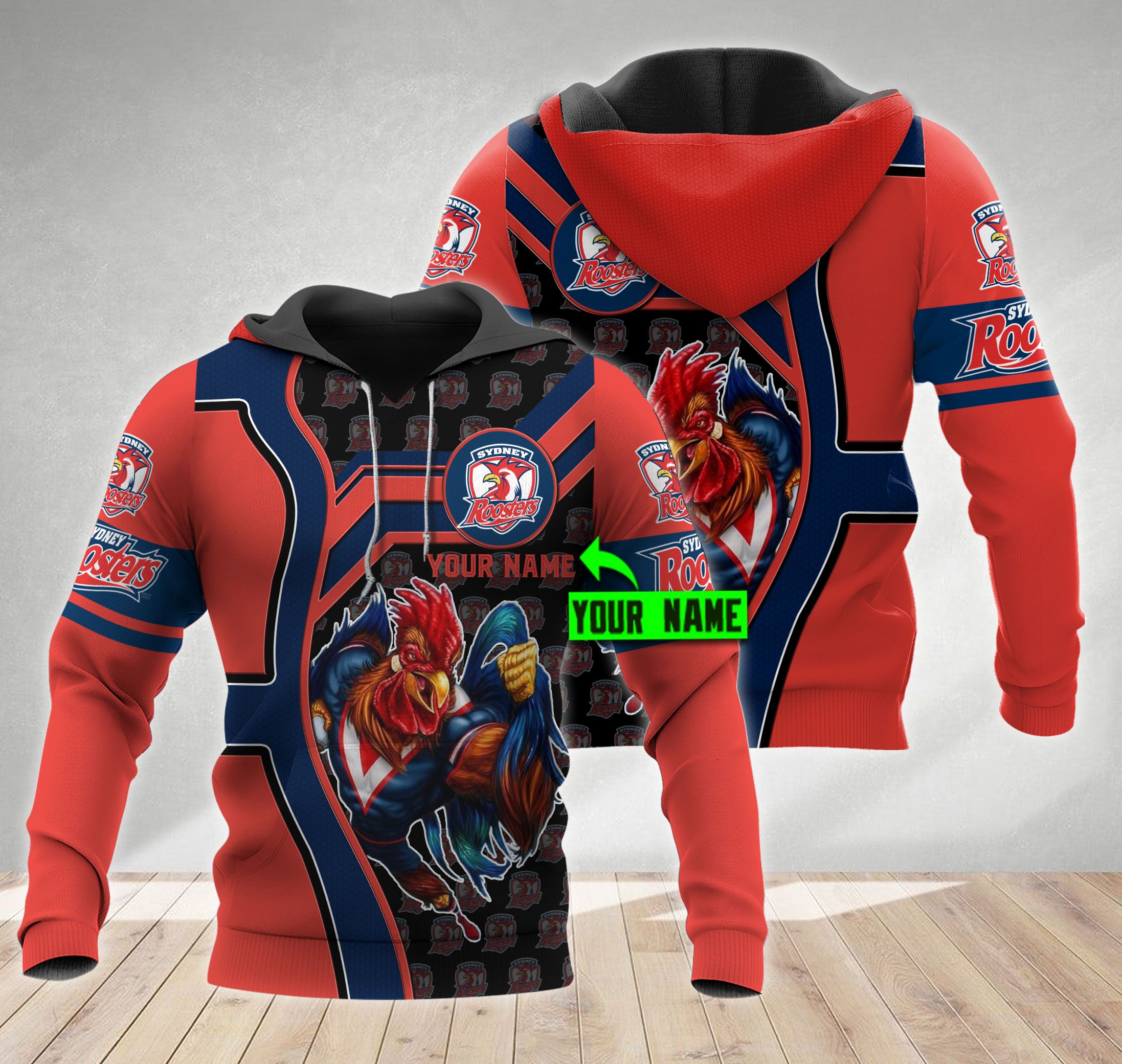 Custom All Over Print 3D Sydney Roosters Hoodie - Show Your Support! (Personalized Nrl Mascot