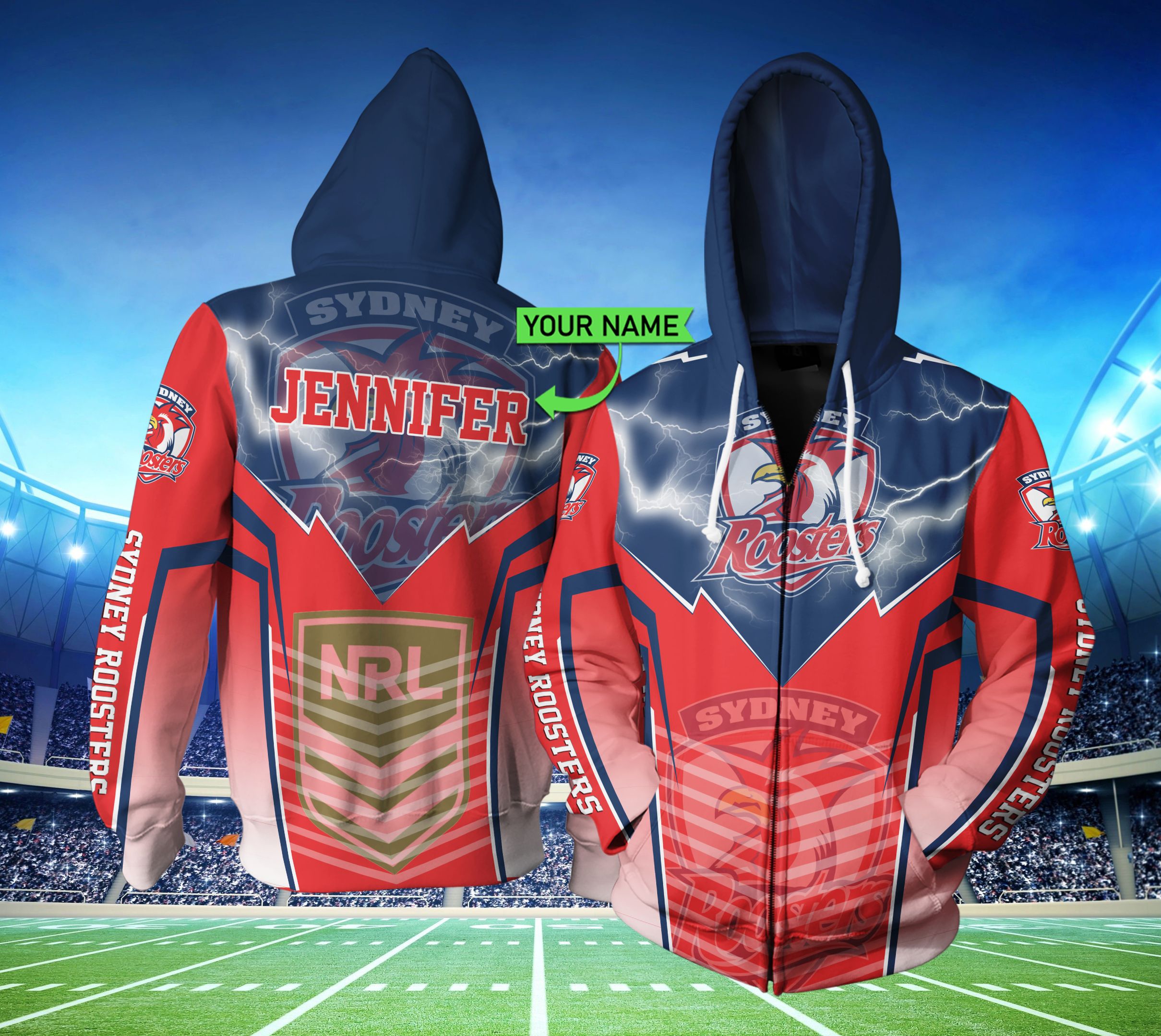Custom All Over Print 3D Sydney Roosters Hoodie - Show Your Team Pride! (Personalized Lightning New Nrl Design