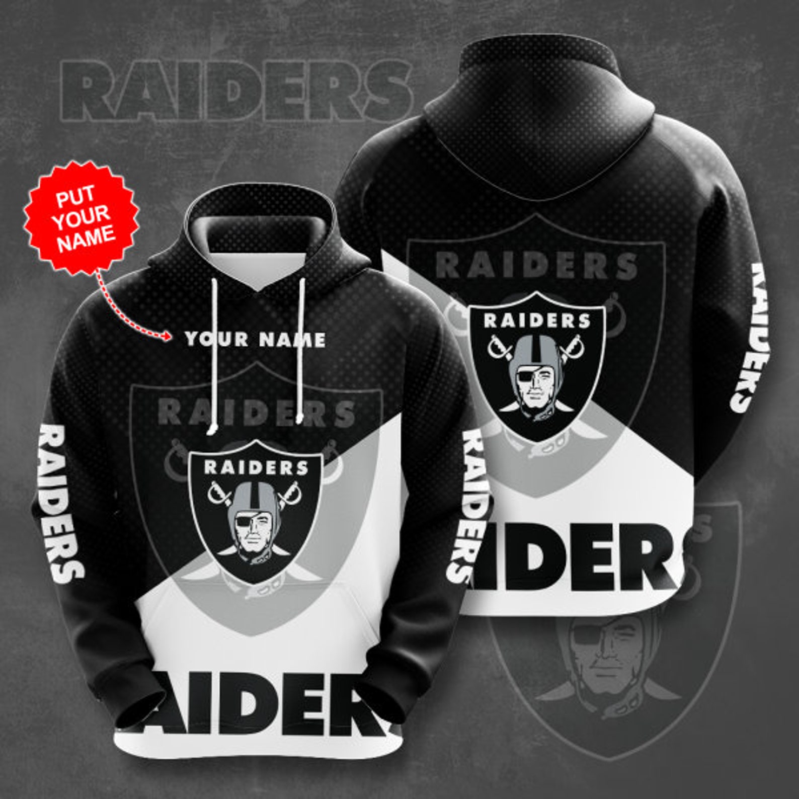 Custom All Over Print Oakland Raiders Nfl 3D Zip Up Hoodie With Personalized Name Option