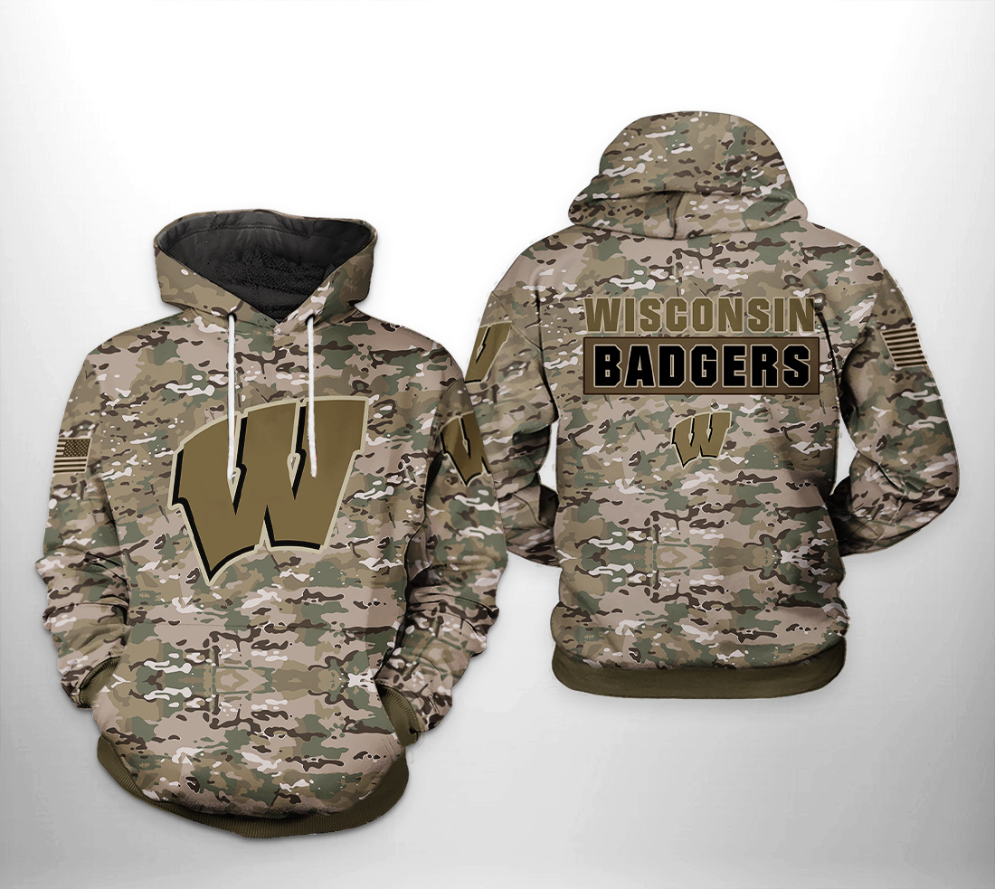 Custom All Over Print Wisconsin Badgers Camo Veteran 3D Printed Hoodie/Zipper Hoodie For Men And Women