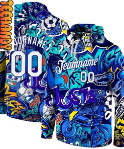 Custom Graffiti Pattern White Royal Personalized Hoodie - 3D All Over Print