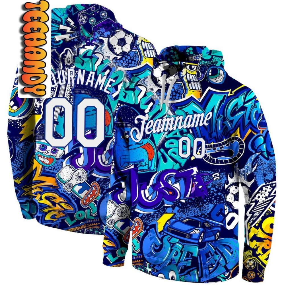 Custom Graffiti Pattern White Royal Personalized Hoodie - 3D All Over Print