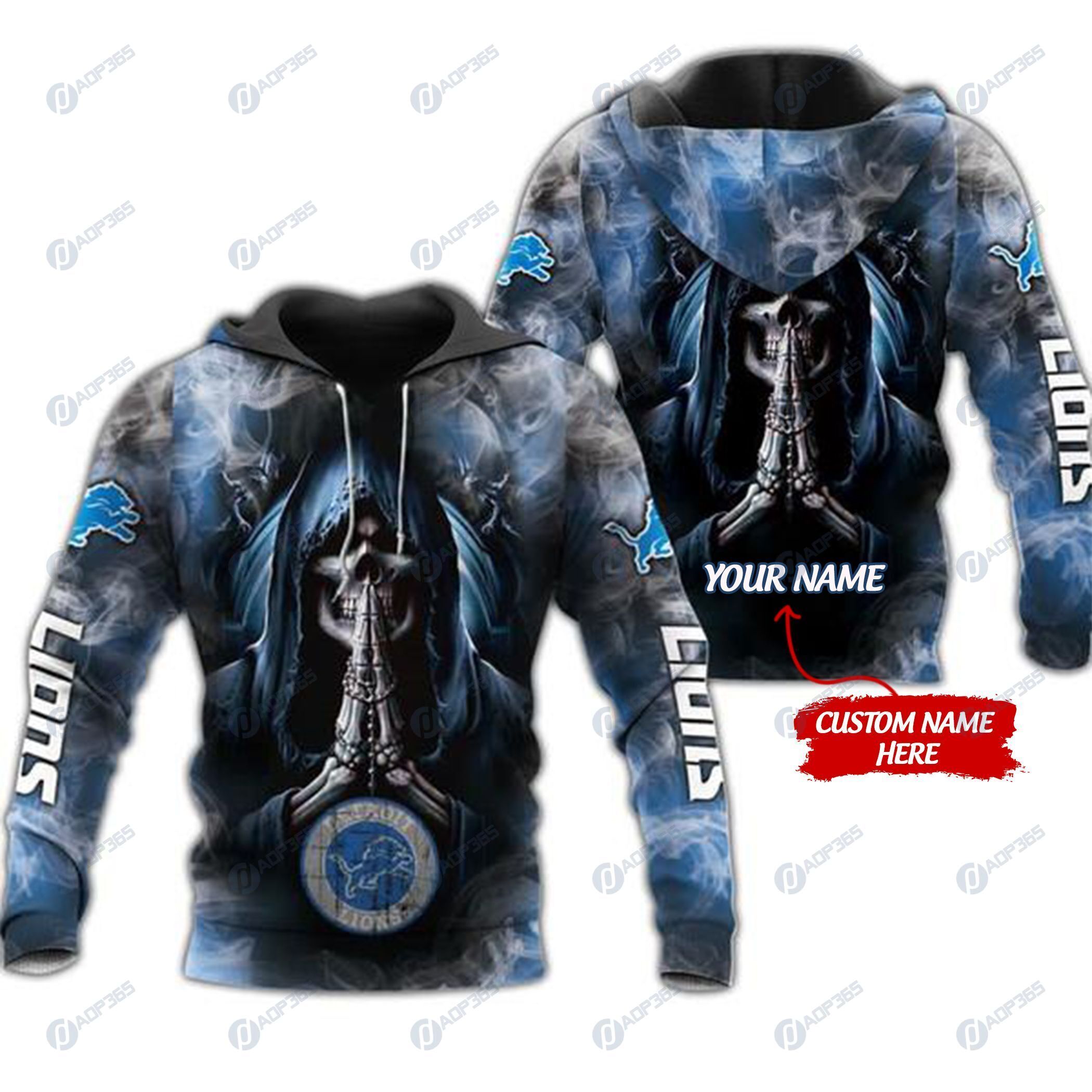 Detroit Lions Skull Nfl Custom Name 3D All Over Print Zip Up Hoodie - Perfect For Football Lovers!