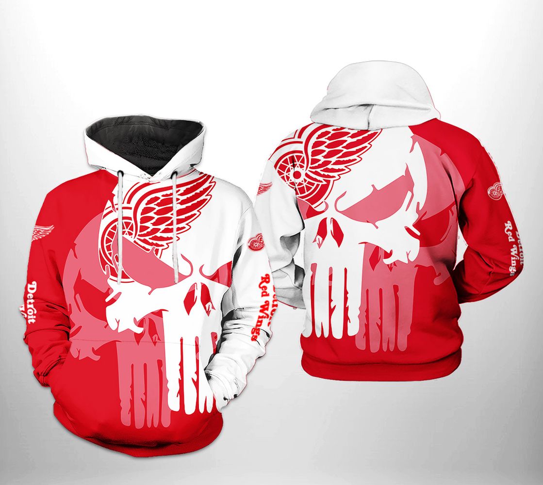 Detroit Red Wings Team Skull 3D Zip Up Hoodie - Official Nhl Merchandise